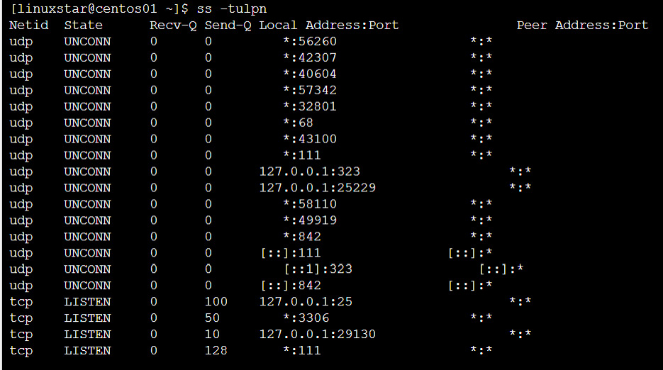 Using the ss -tulpn command to check the ports details