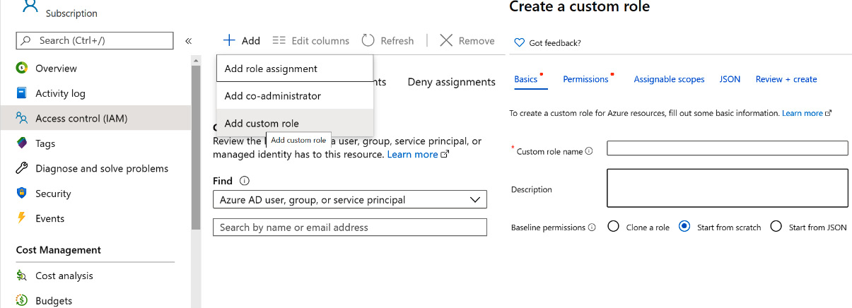 Creating a custom role from the Azure portal