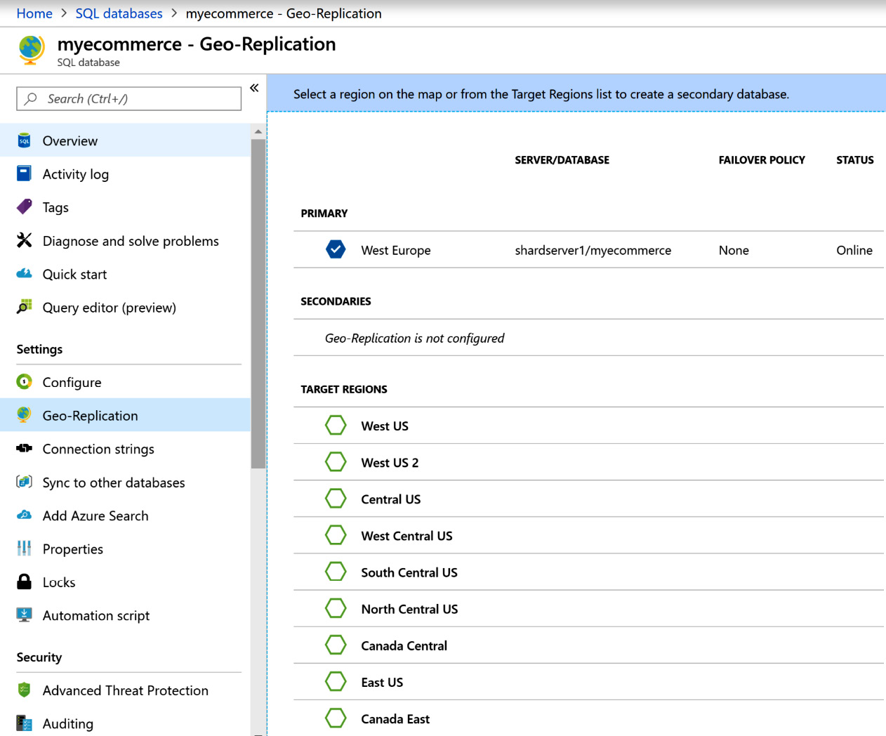 List of available secondaries for geo-replication