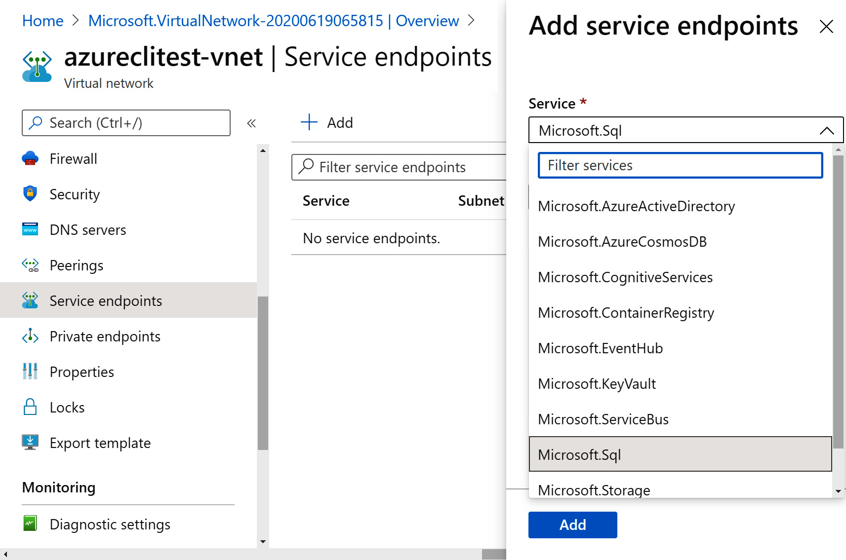 Adding a Microsoft.Sql service endpoint