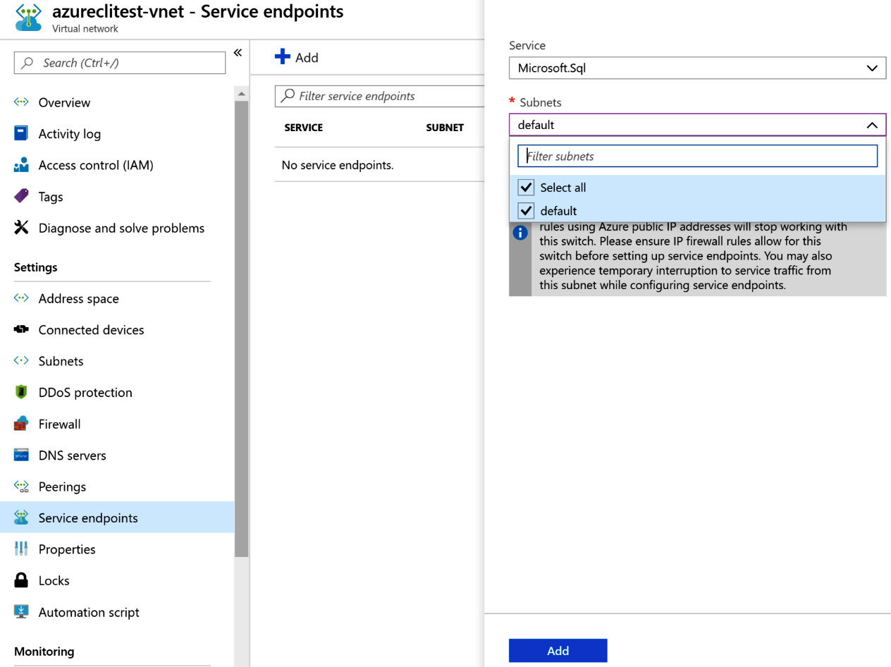 Choosing a subnet for the Microsoft.Sql service