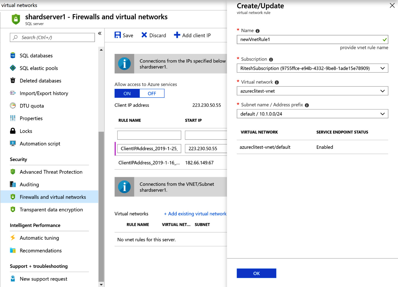 Adding a virtual network with the Microsoft.Sql service endpoint