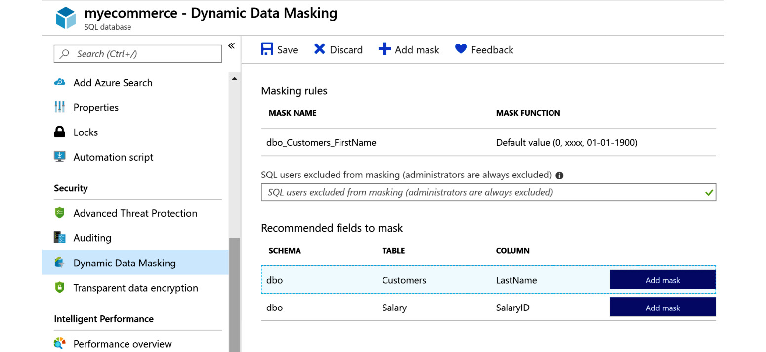 Dynamic data masking in SQL Database