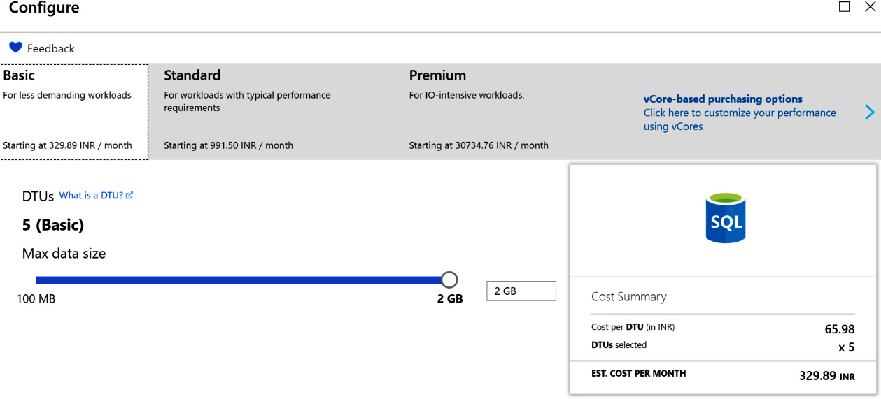 DTUs for different SKUs in Azure