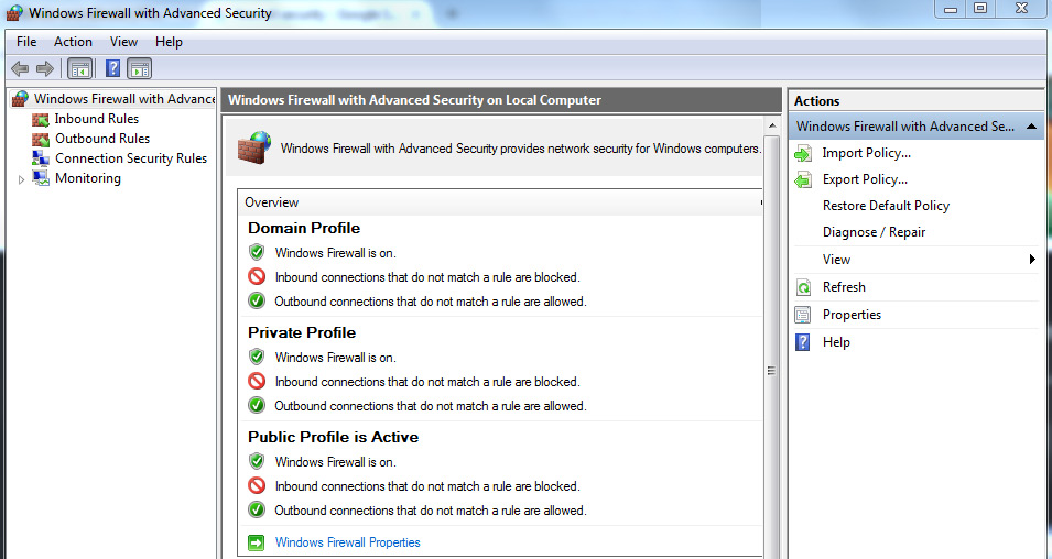 The ‘Windows Firewall with Advanced Security’ window—showing the firewall configuration for a Windows operating system.