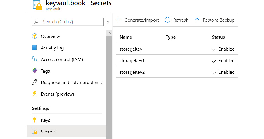 Navigating to the Secrets blade from the left-hand navigation to view the secrets stored in the key vault.