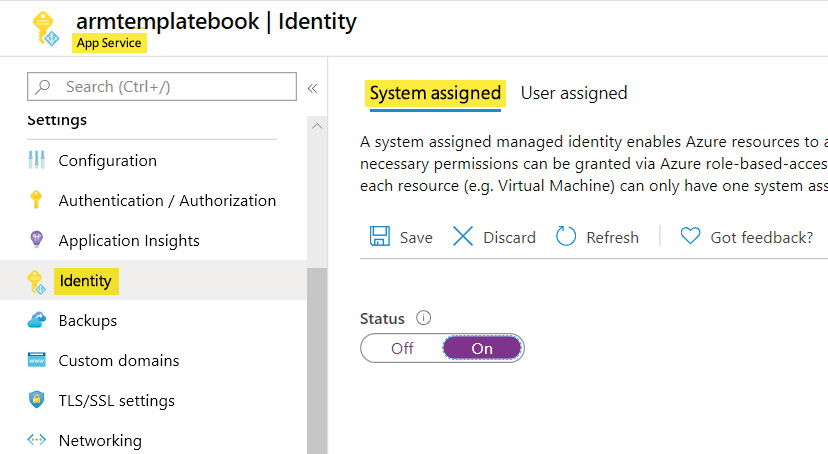 Navigating to the ‘Identity’ blade from ‘Settings’ and clicking on the ‘System assigned’ tab and enabling it for the App Service.