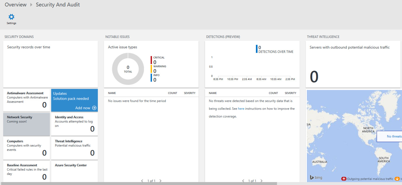 The ‘Security And Audit’ pane of Log Analytics, displaying the details about Security Domains, Notable issues, Detections, and Threat Intelligence.