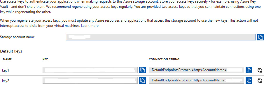 The storage key details displayed in the Azure portal.