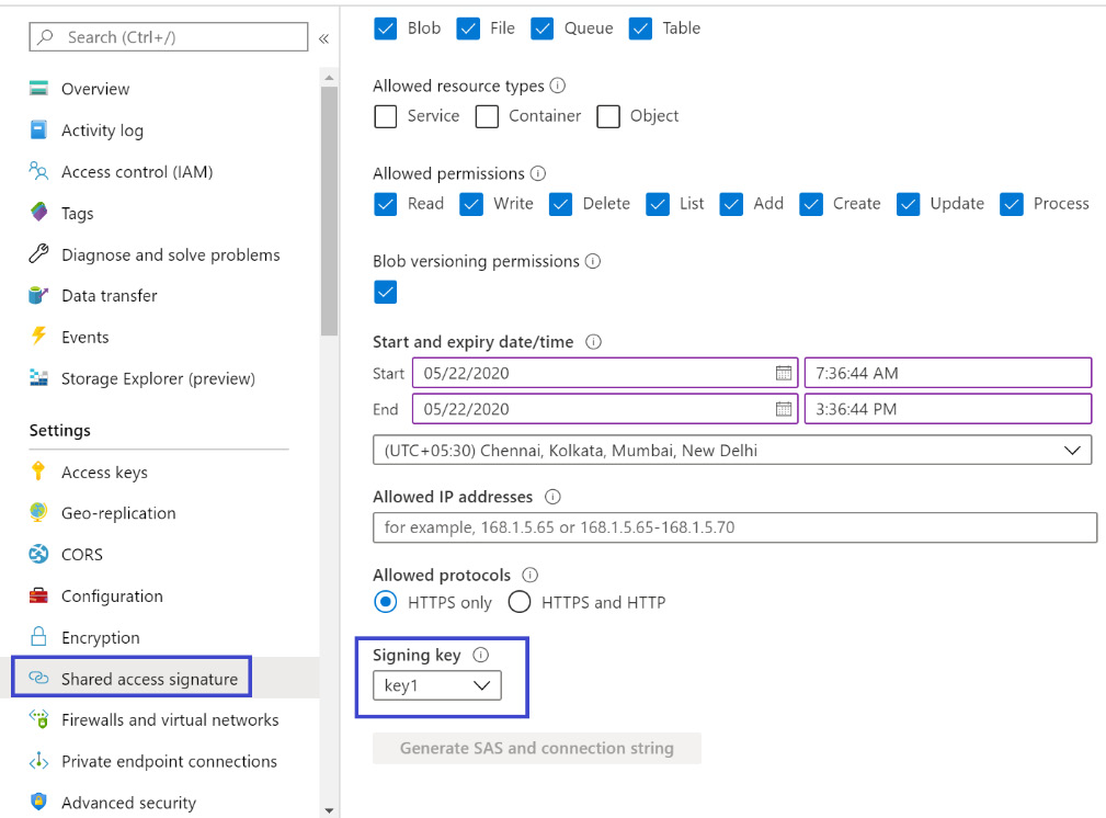 Selecting the ‘Shared access signature’ option from the left-hand navigation and creating an SAS token.