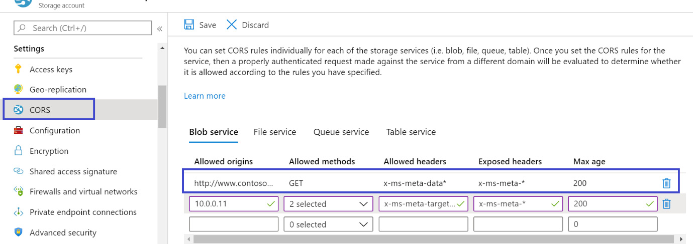 Navigating to the ‘CORS’ option under Settings and then adding CORS rules to each of the storage services.