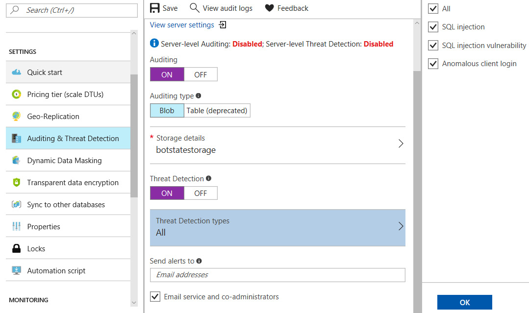 Selecting the ‘Auditing & Threat Detection’ blade from the left-hand navigation to enable Threat Protection and selecting the types of threats to be detected.