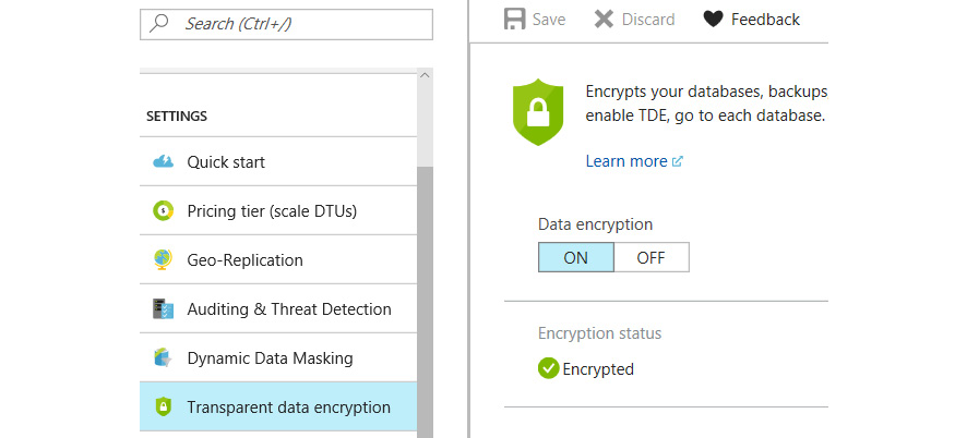 Moving to the ‘Transparent data encryption’ blade and enabling TDE.