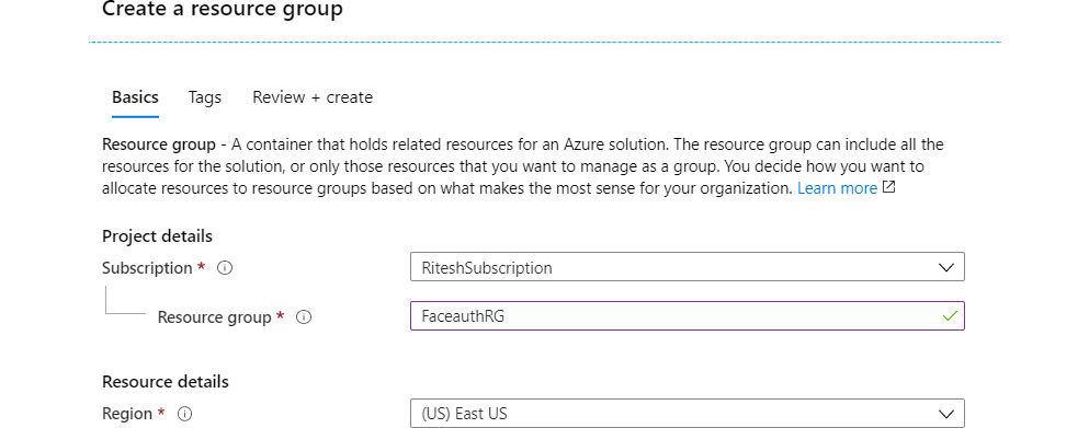 Creating a new resource group with the Azure portal and filling the details in the Basic tab, such as subscription, resource group name, and region.