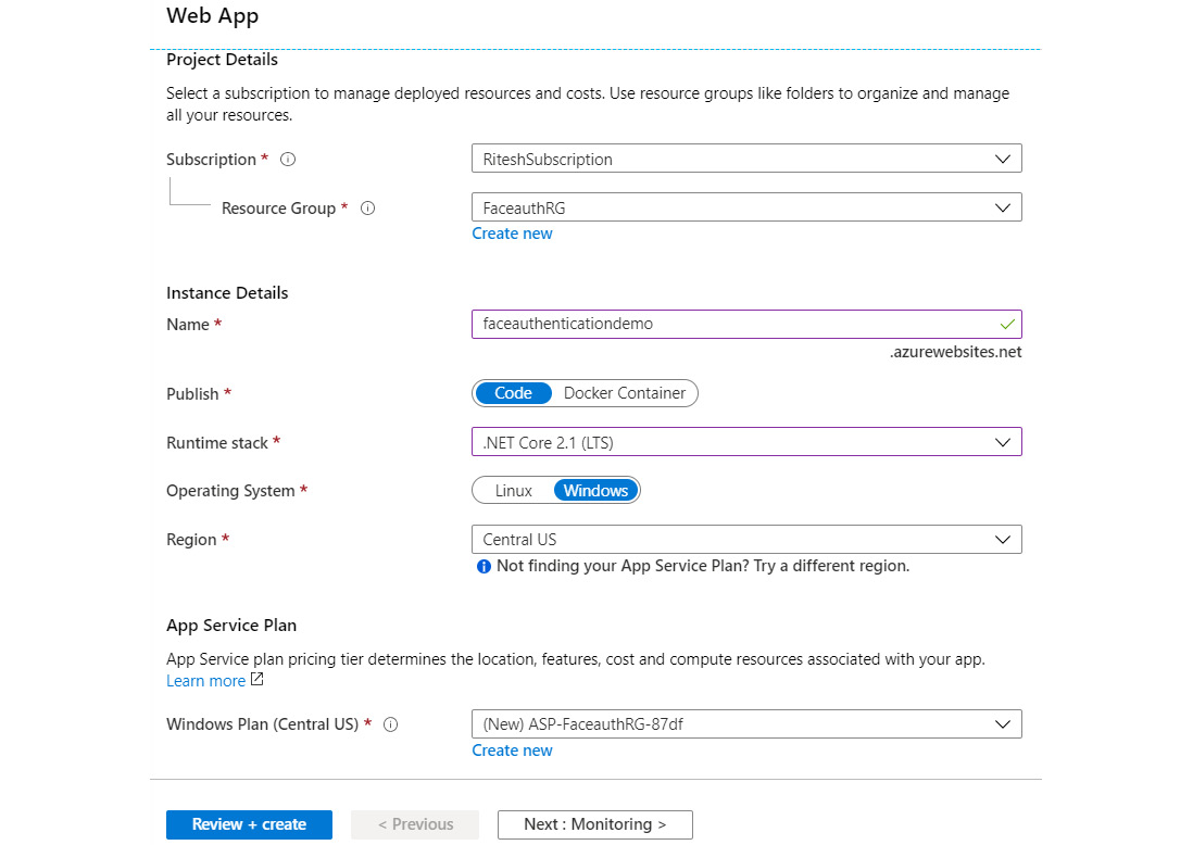 Creating a new application by filling in details such as subscription, resource group name, instance details, and App Service plan in the Web App pane.