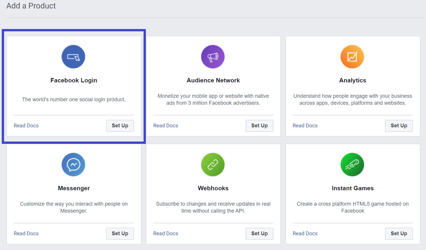 Choosing the ‘Facebook Login’ product from the options displayedin the ‘Add a Product’ pane.