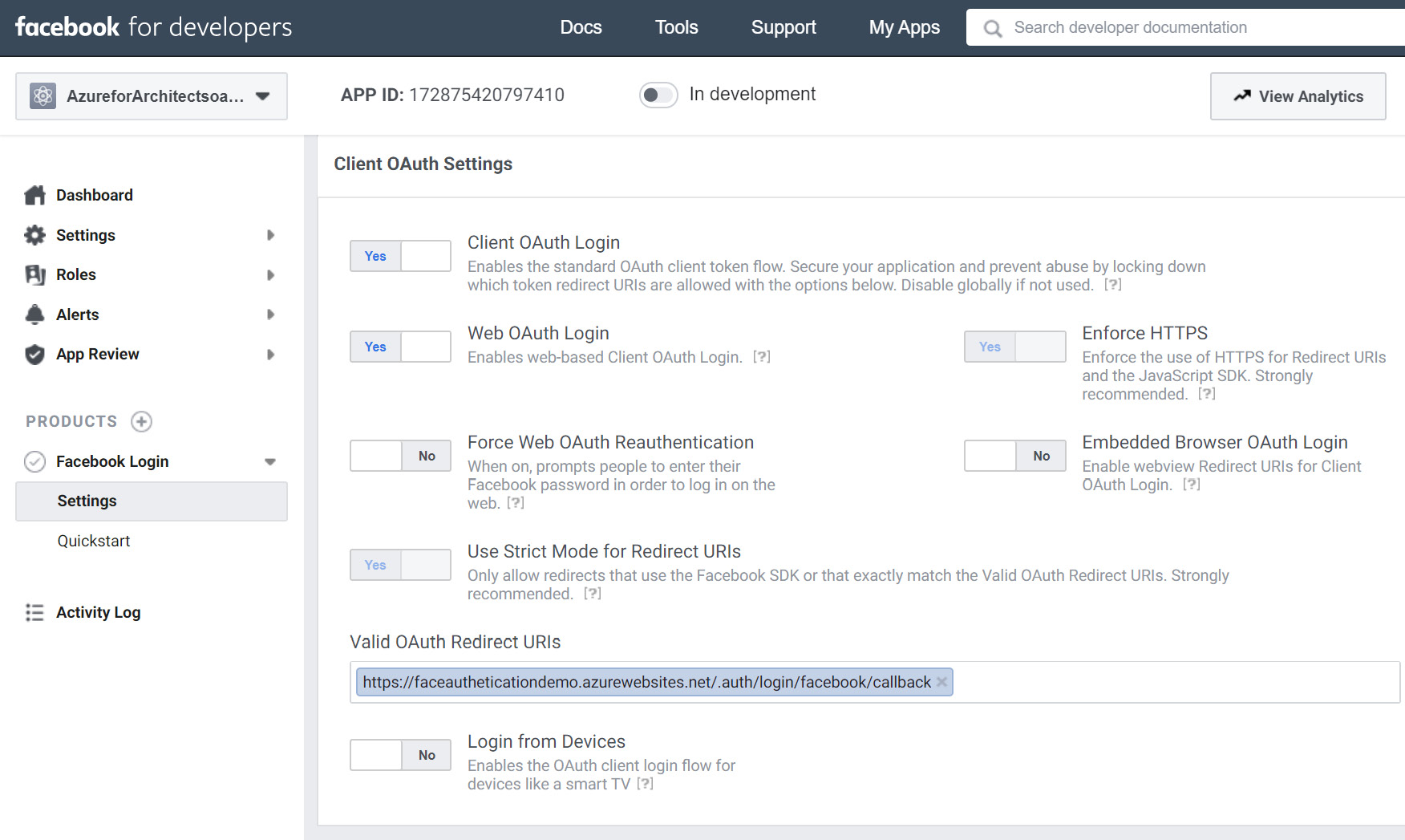 Navigating to settings in the ‘Facebook for developers’ windowand adding the URI in the textbox under ‘Valid OAuth Redirect URIs’.