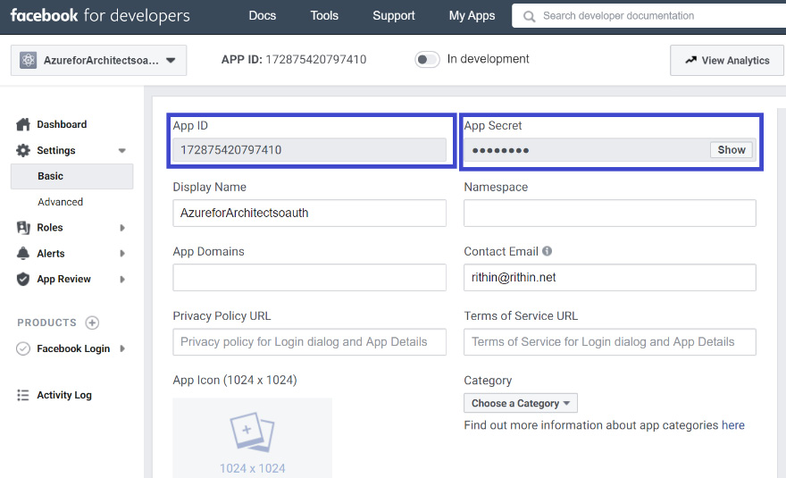 Noting down the App ID and the App Secret displayed at the top.