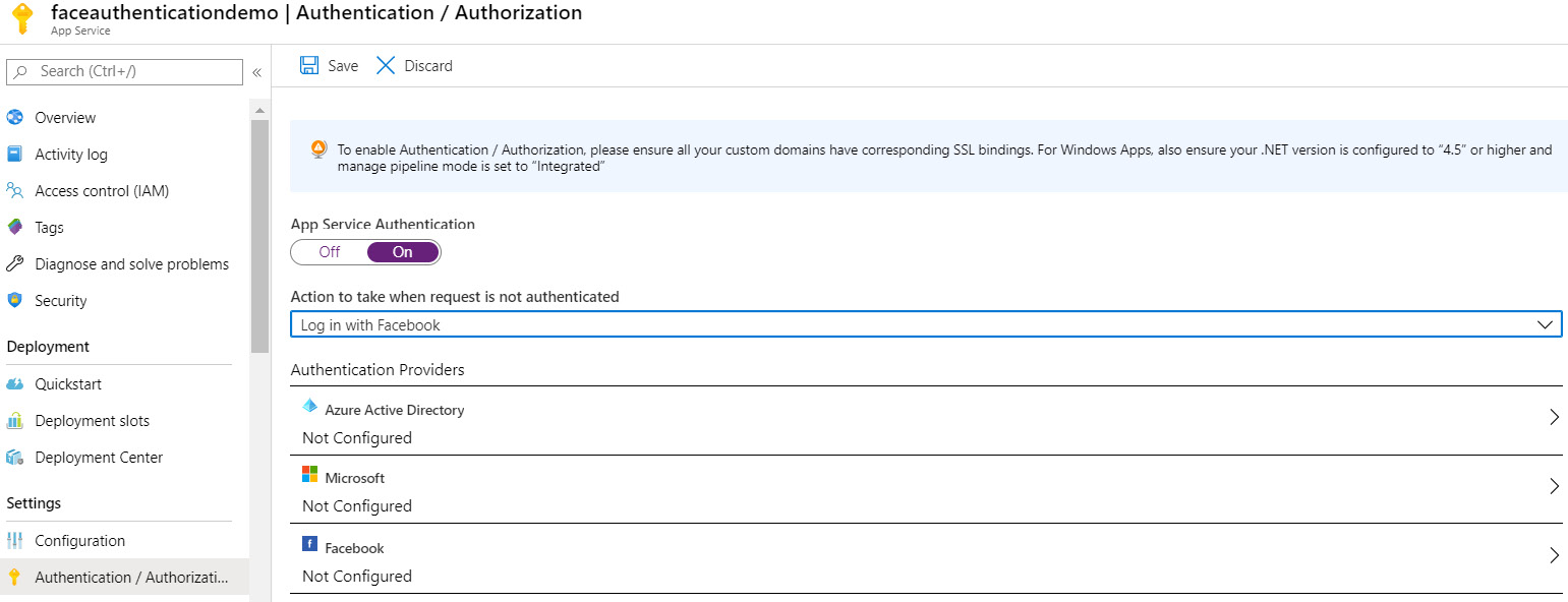 Enabling Facebook authentication in App Service and choosing the ‘Action to take when request is not authenticated’ as the ‘Log in with Facebook’ option from the drop-down list.