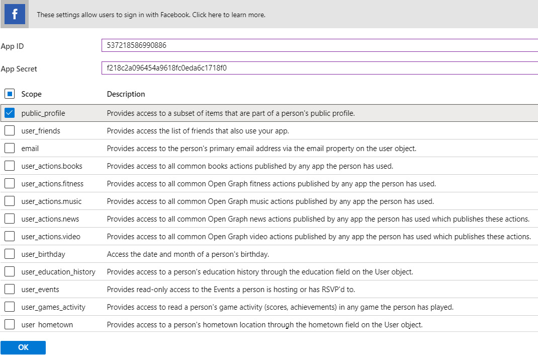 Adding the App ID and App secret in the resultant page from the previous step and then checking the boxes to configure the scope.