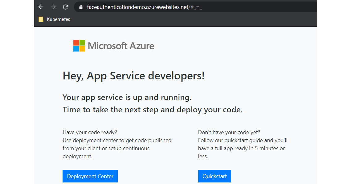 The web page from the web application appears on the screen and it shows that the app service is up and running.