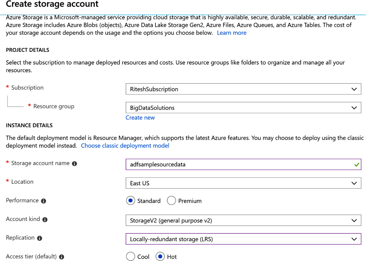 In the ‘Create storage account’ pane, entering details such as subscription, Resource group, Storage account name, Location, Performance, Account kind, and Replication.