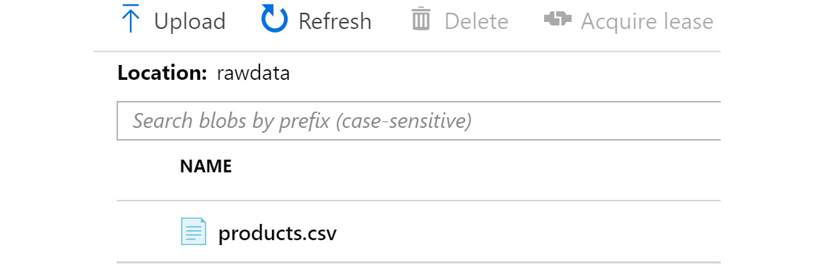 Uploading the data file products.csv to the rawdata container.