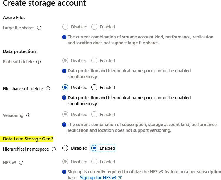 Configuring the settings in the ‘Create storage account’ pane.