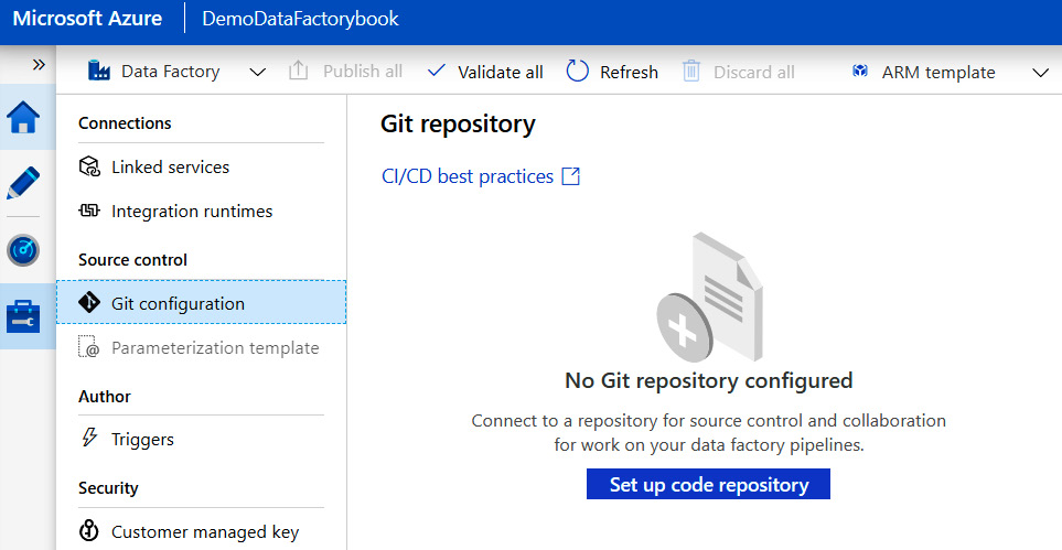 In the Data Factory window, navigating to the Git configuration blade and setting up a Git repository.