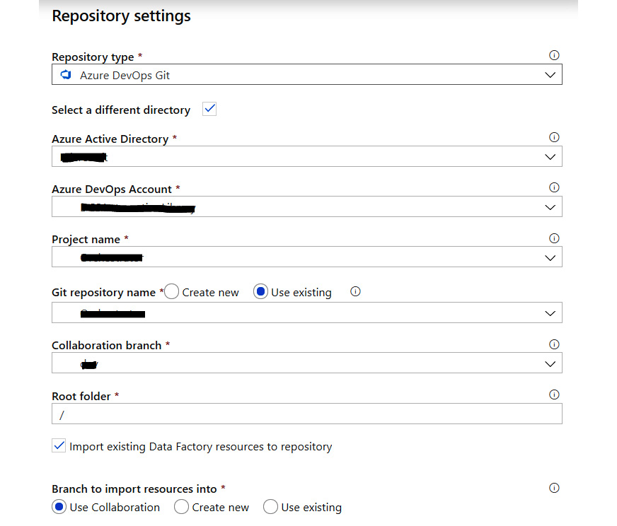 In the ‘Repository Settings’ pane, adding the details for Repository type, Azure AD, Azure DevOps Account, Project Name, Git repository name, Collaboration branch, and Root folder.