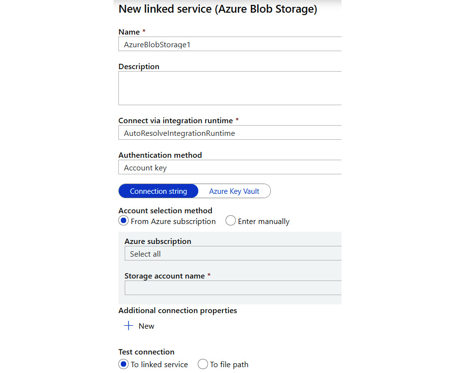 In the ‘New linked service’ pane, configuring the authentication method.