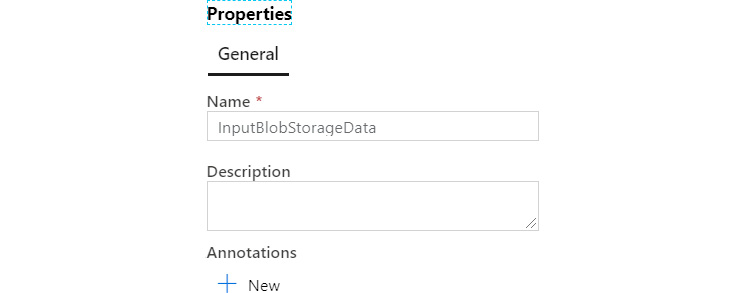 In the properties pane, adding the dataset name as InputBlobStorageData.