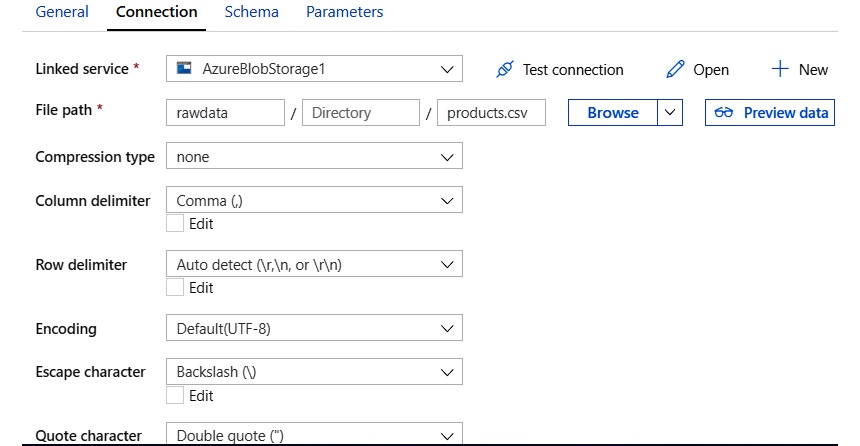 Navigating to the Connection tab and configuring the connection by filling the details in the fields Linked Service, File path, Compression type, Column delimiter, and so on.