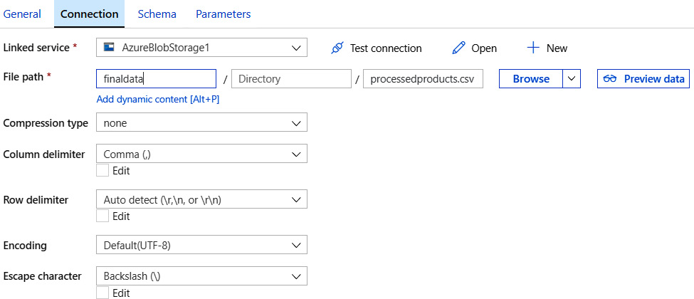 Creating another dataset by filling in the details in the Connection tab.