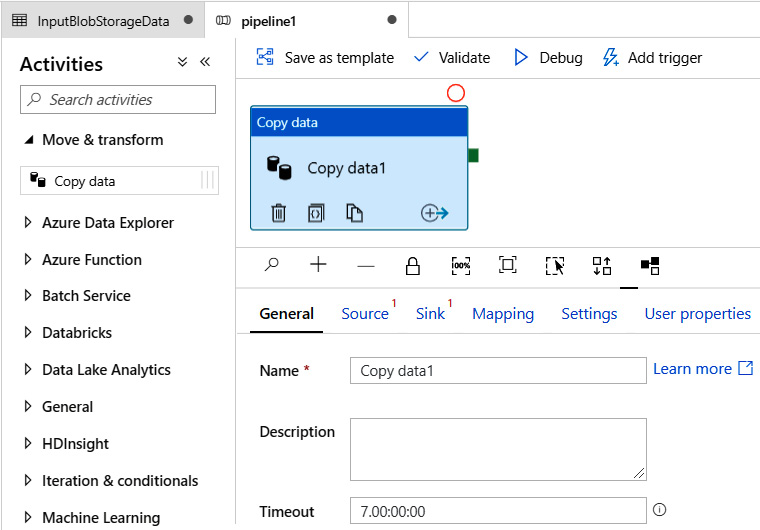 In the ‘pipeline1’ pane, the ‘Copy data’ activity is dragged onto the pipeline.