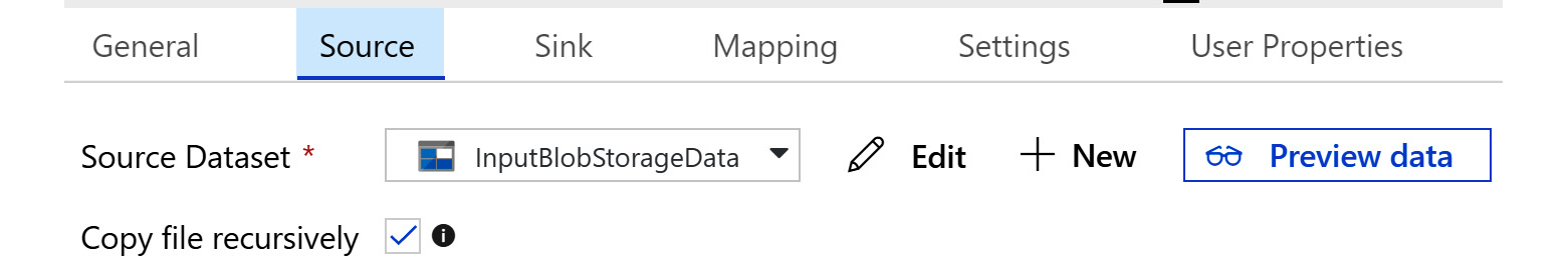 Navigating to the Source tab and selecting Source Dataset as InputBlobStorageData, and selecting the checkbox for ‘Copy file recursively’.