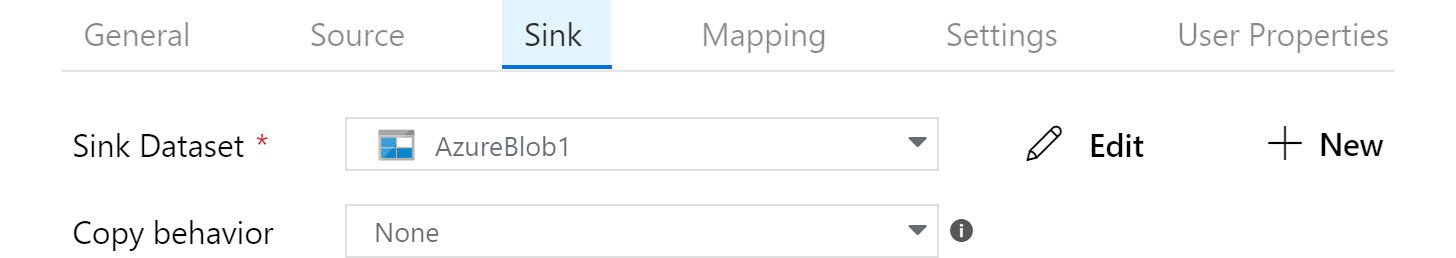 Navigating to the Sink tab and selecting Sink dataset as AzureBlob1 and copy behavior as None.