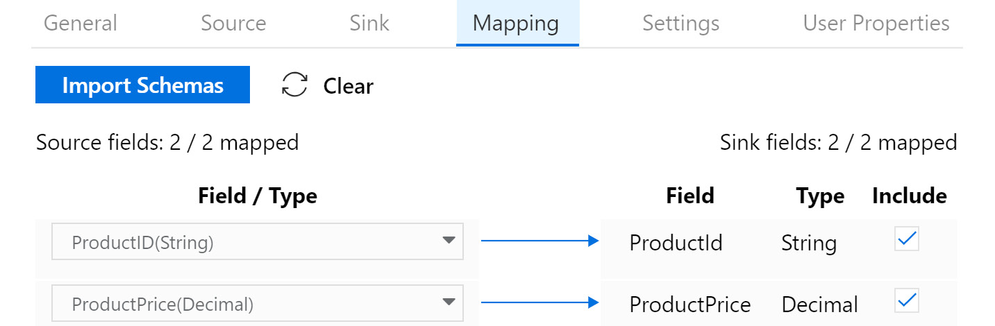 Moving to the Mapping tab and mapping the columns from the source to the destination dataset.