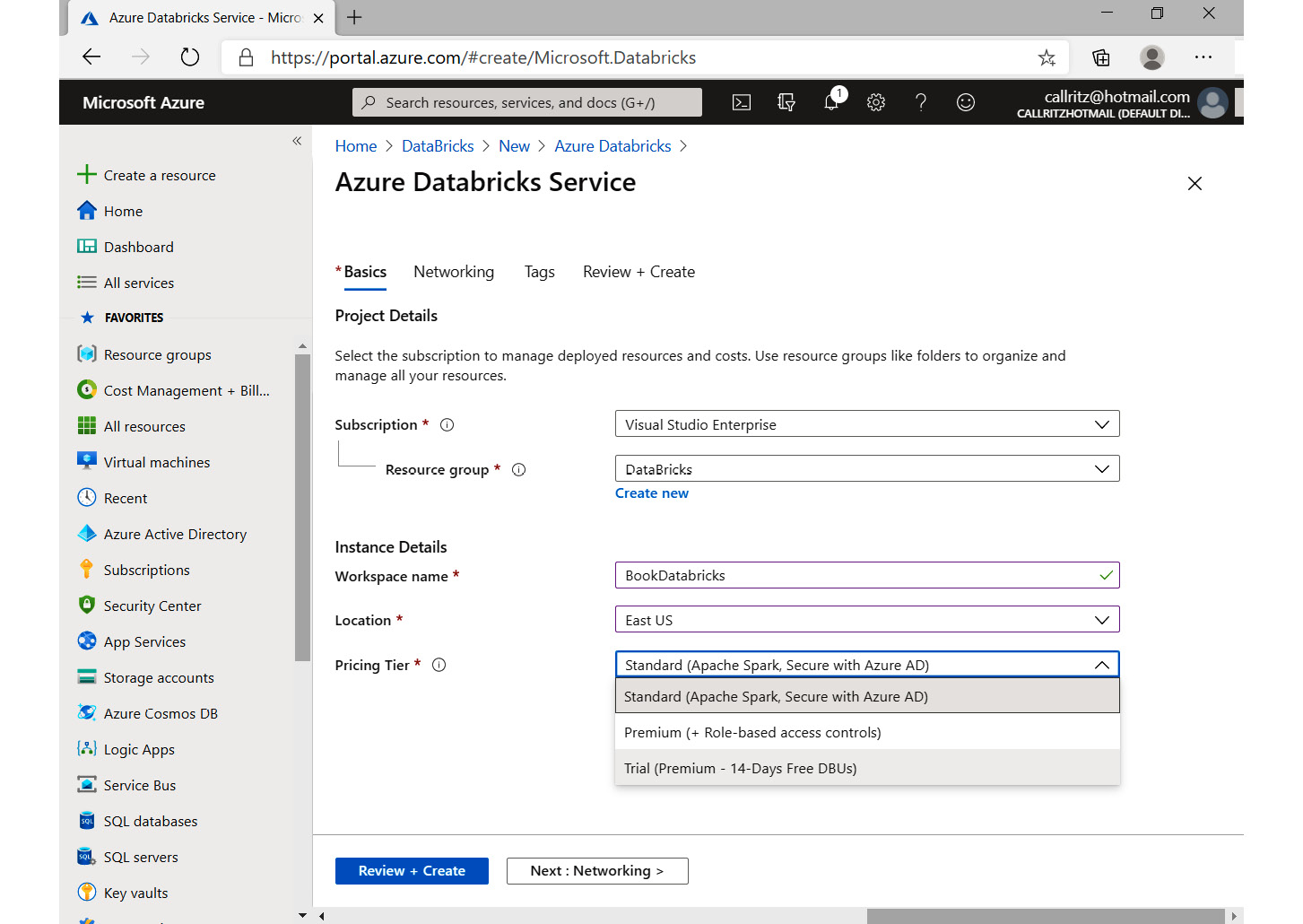 In the Azure portal, navigating to Databricks, then selecting the New option and navigating to the Azure Databricks pane, and finally provisioning the Databricks workspace.