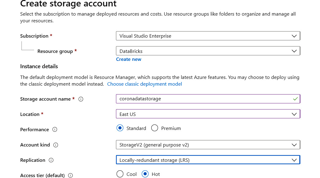 Adding details such as Subscription, Resource group, Storage account name, Location, and so on in the ‘Create Storage account’ pane.