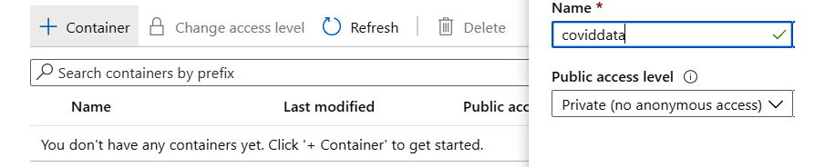 Creating a container with the name covid data and the Public access level as Private (no anonymous access).