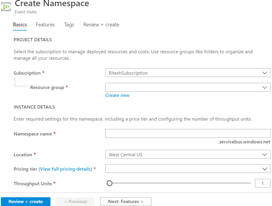 Creating an Event Hub namespace in the Azure portal
