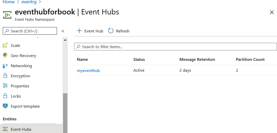 List of created event hubs in Azure