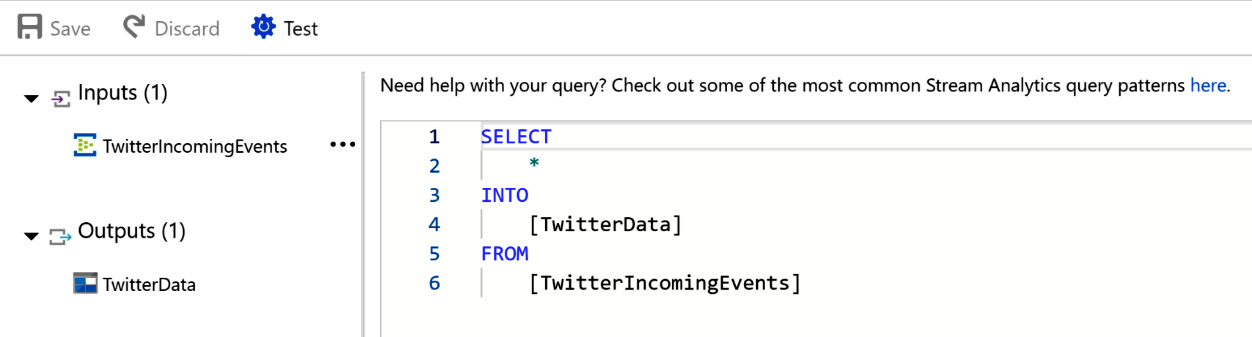 Stream Analytics query for receiving Twitter data
