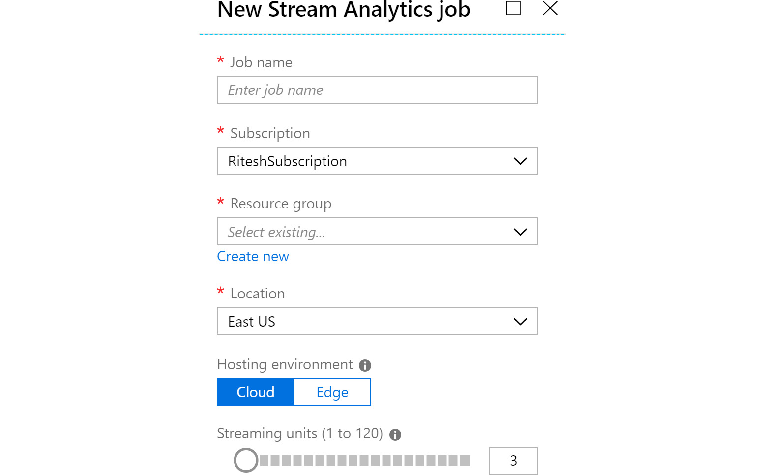 Creating a new Stream Analytics job