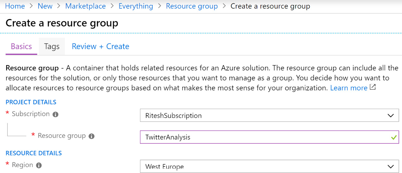 Provisioning a new resource group in the Azure portal