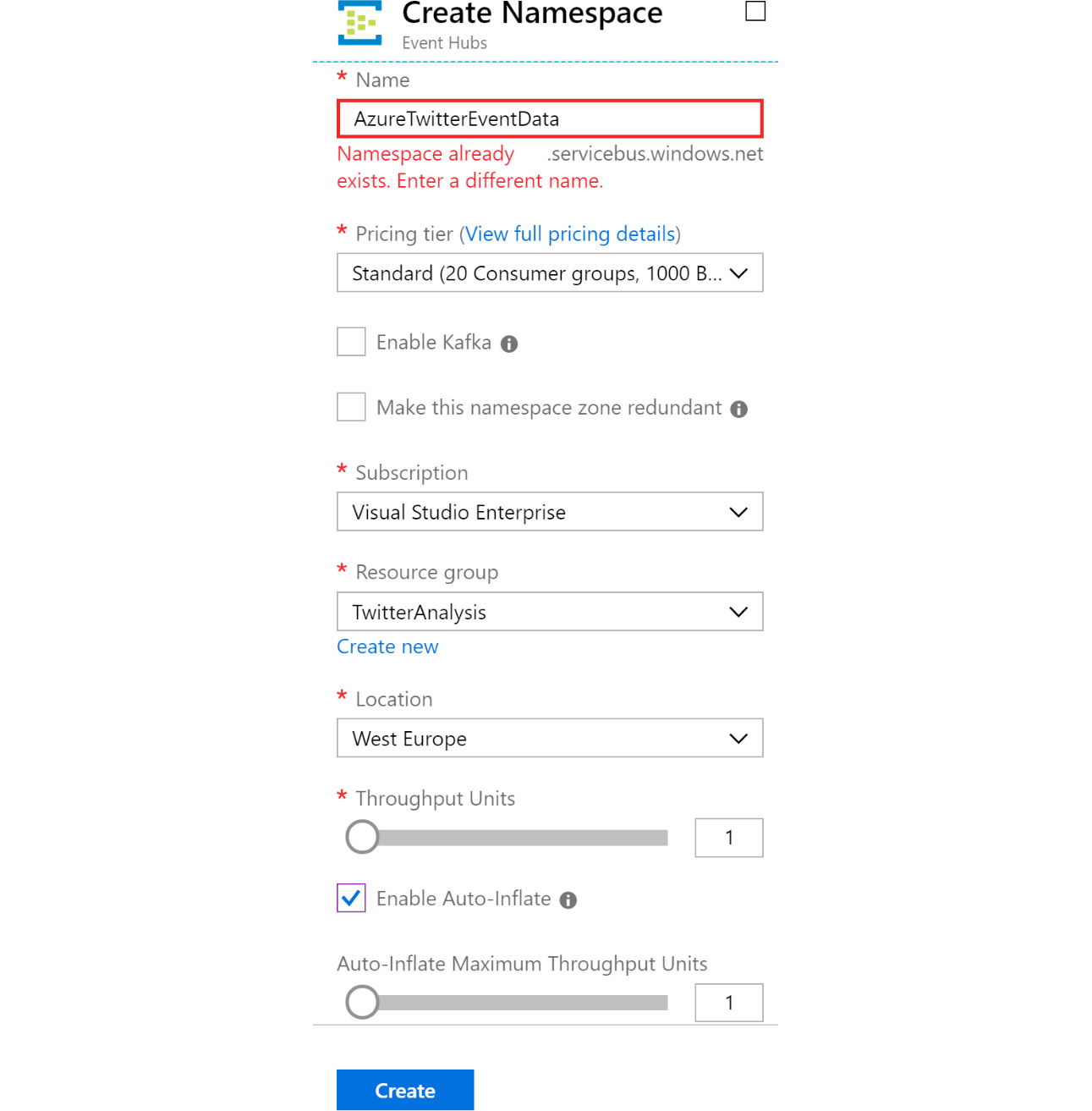 Creating an Event Hubs namespace