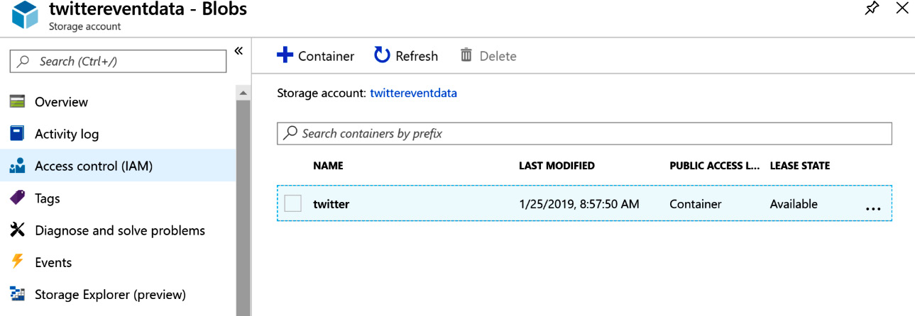 Creating a storage container for Twitter data