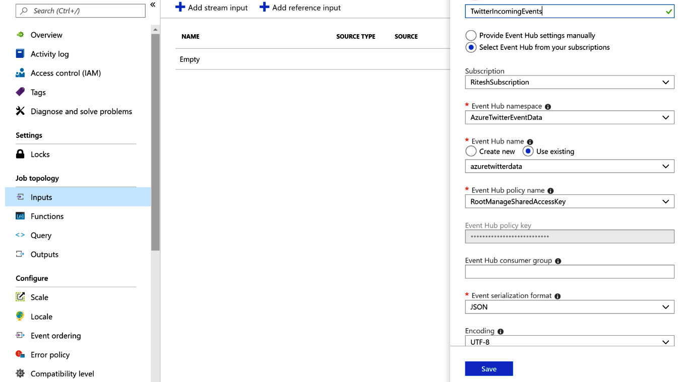 Creating an input Stream Analytics job