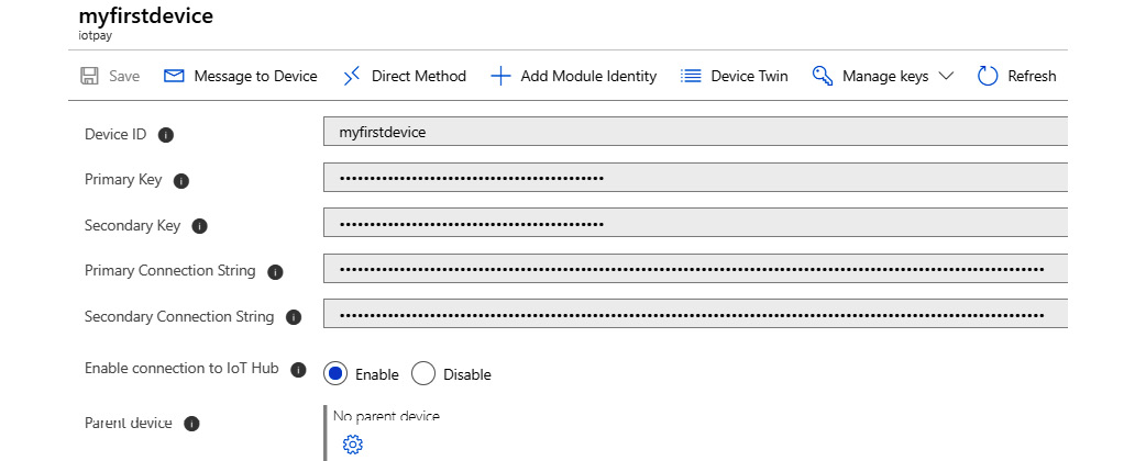 Adding the connection strings to the device created in the previous stepand providing details such as Device ID, Primary key, Secondary key, and so on.